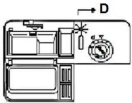 Diagram of a refrigerator interior with labeled parts and directional arrow indicator