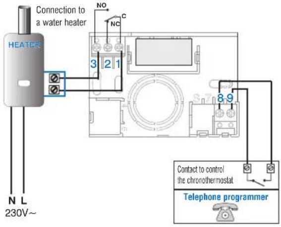 Connection to a water heater HEATER NO C 3 2 1 8-9 Contact to control the chronothermostat Telephone programmer NL 230V~