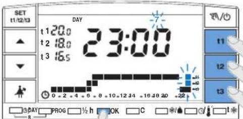 SET 11/12/13 DAY t1 20.0 t2 18.0 t3 16.5 23:00 0 - 2 + 4 + 6 + 8 + 10 + 12 + 14 + 16 + 18 + 20 + 22 T1 T2 T3 T4 DAY PROG ½ h OK C * / * □ L*