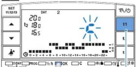 SET 11/12/13 DAY 2 20°C t2 18°C 16S 0 + 2 - 4 + 6 + 8 + 10 + 12 + 14 + 16 + 18 + 20 + 22+ T1 t t DAY PROG ½ h OK C * / *