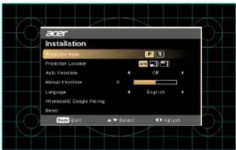 ACER Installation Projection Mode Projection Location Auto Keyplane Manual Keyplane Language Wireless-CD Design Pairing Reset OK Exit Cancel Adjust