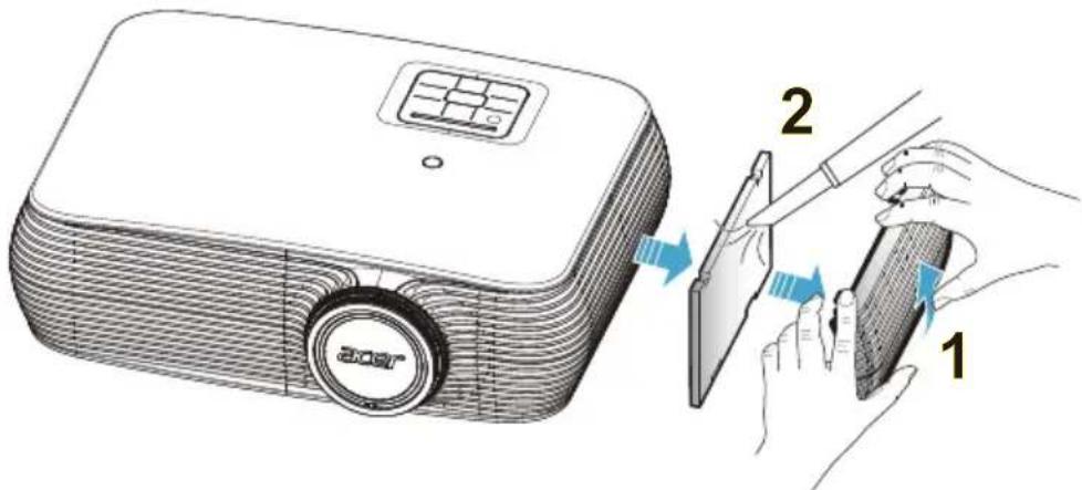 Diagram showing a projector with labeled parts: 1, 2, and 3, illustrating the process of adding or removing a slide.