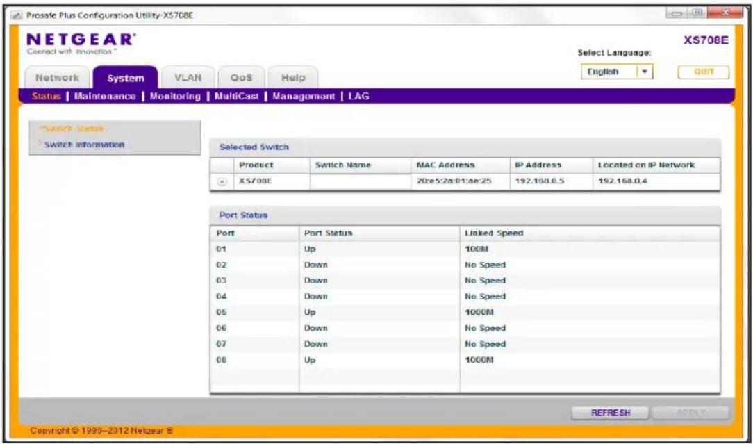 Prosafe Plus Configuration Utility-XS708E NETGEAR® Connect with innovation™ X5708E Network System VLAN QoS Help Select Language: English OUT Status | Maintenance | Monitoring | MultiCast | Management | LAG Switch Status Switch information Selected Switch Product Switch Name MAC Address IP Address Located on IP Network X5708E 20e5:2a:01:ae:25 192.168.0.5 192.168.0.4 Port Status Port Port Status Linked Speed 01 Up 100M 02 Down No Speed 03 Down No Speed 04 Down No Speed 05 Up 1000M 06 Down No Speed 07 Down No Speed 08 Up 1000M REFRESH ADDRESS Copyright © 1995-2012 Netgear ®