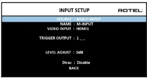 INPUT SETUP SOURCE : MULTI INPUT NAME : M-INPUT VIDEO INPUT : HDMI1 TRIGGER OUTPUT : 1._ LEVEL ADJUST : DdB Dirac : Disable BACK