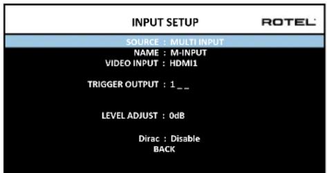 INPUT SETUP SOURCE : MULTI INPUT NAME : M-INPUT VIDEO INPUT : HDMI1 TRIGGER OUTPUT : 1._ LEVEL ADJUST : 0dB Dirac : Disable BACK