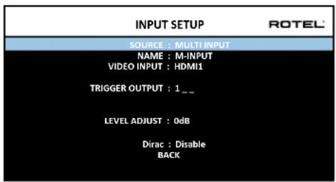 INPUT SETUP SOURCE : MULTI INPUT NAME : M-INPUT VIDEO INPUT : HDMI1 TRIGGER OUTPUT : 1._ LEVEL ADJUST : 0dB Dirac : Disable BACK