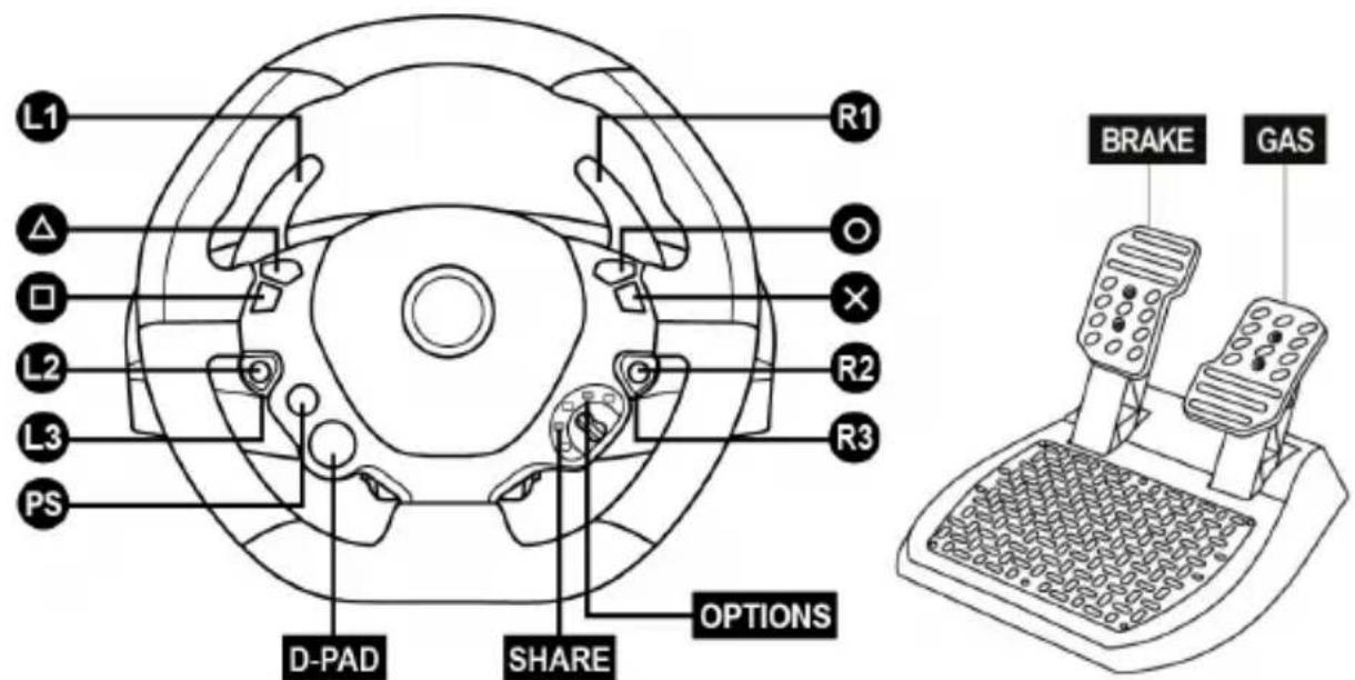L1 R1 Δ O □ X L2 R2 L3 R3 PS D-PAD SHARE OPTIONS BRAKE GAS