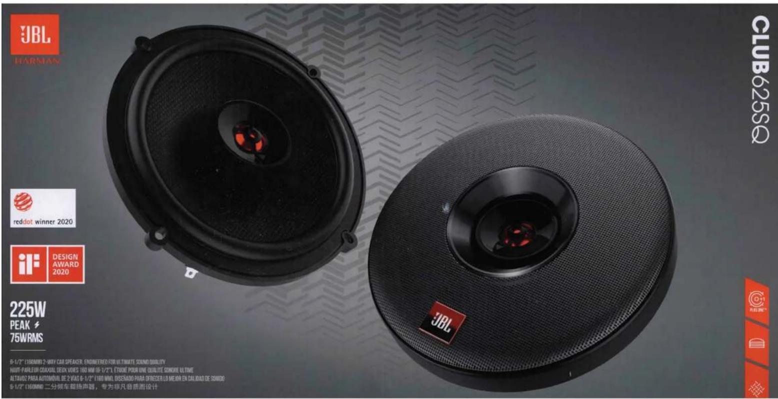 JBL HARMAN CLUB625SQ reddot winner 2020 iF DESIGN AWARD 2020 225W PEAK 75WRMS B-1/2" (160MM) 2-WAY CAR SPEAKER: ENDIMFRED FOR ULTIMATE SOUND QUALITY HAUT-PARLEUR CIRAXIAL DIEN VIDEOS 160 MM (B-1/2") ETUME POUR UNE QUALITE SONURE ULTIME 'ALTAVOZ PARA AUTOMÔUIL DE 2 VÍAS B-1/2" (160 MM) DISSENADO PARA DIFRESER LO MEJOR EN CALIDAD DE SONIDO S-1/2" (160MM) 二分频车载扬声器，专为非凡音质而设计