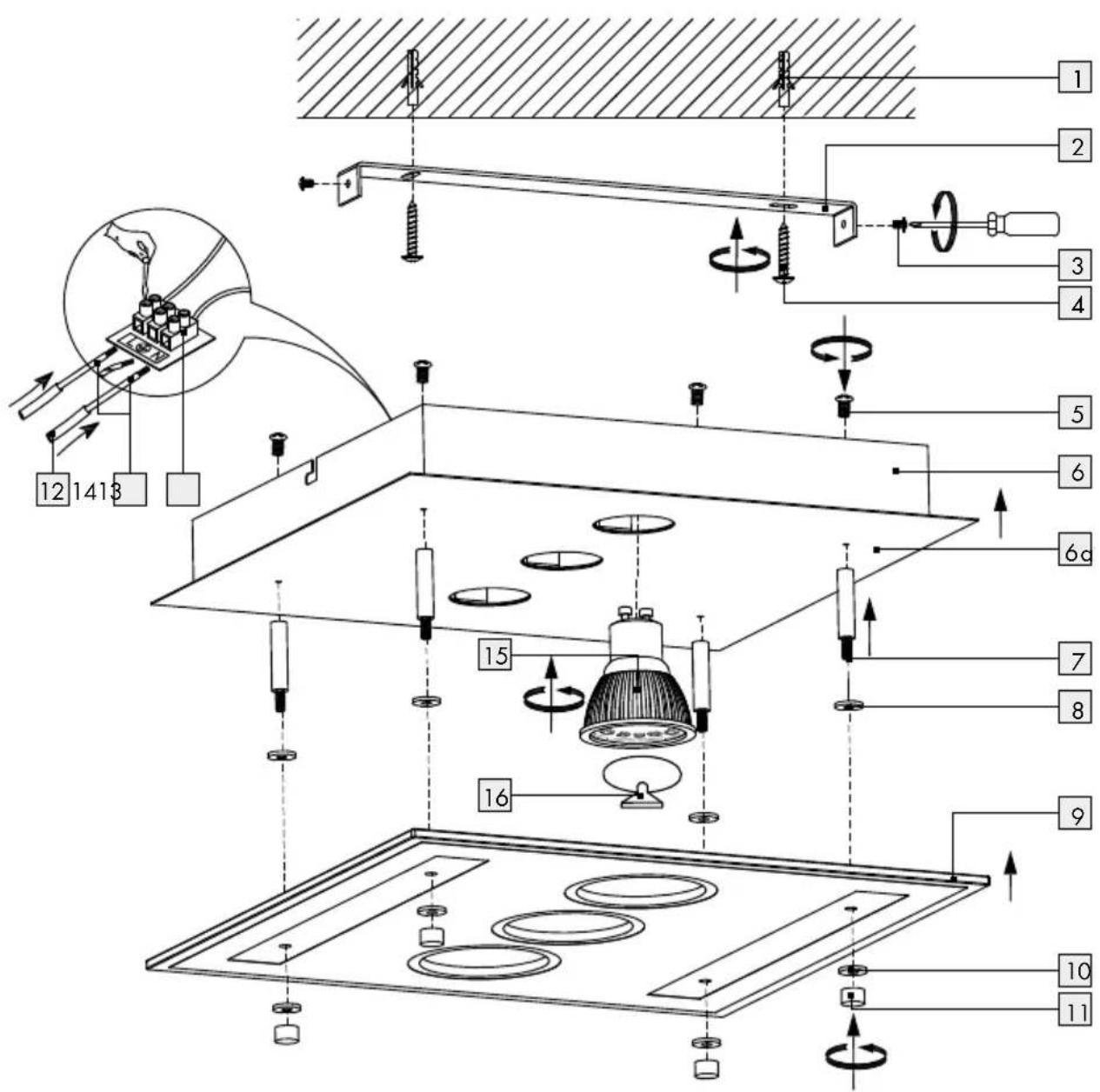 Technical diagram of a ceiling fixture assembly with numbered components and labeled parts