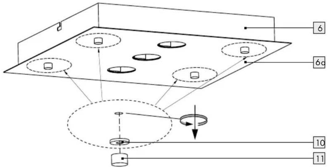Diagram of a ceiling-mounted device with labeled components and internal layout, showing connections to devices 6, 6a, 10, and 11.