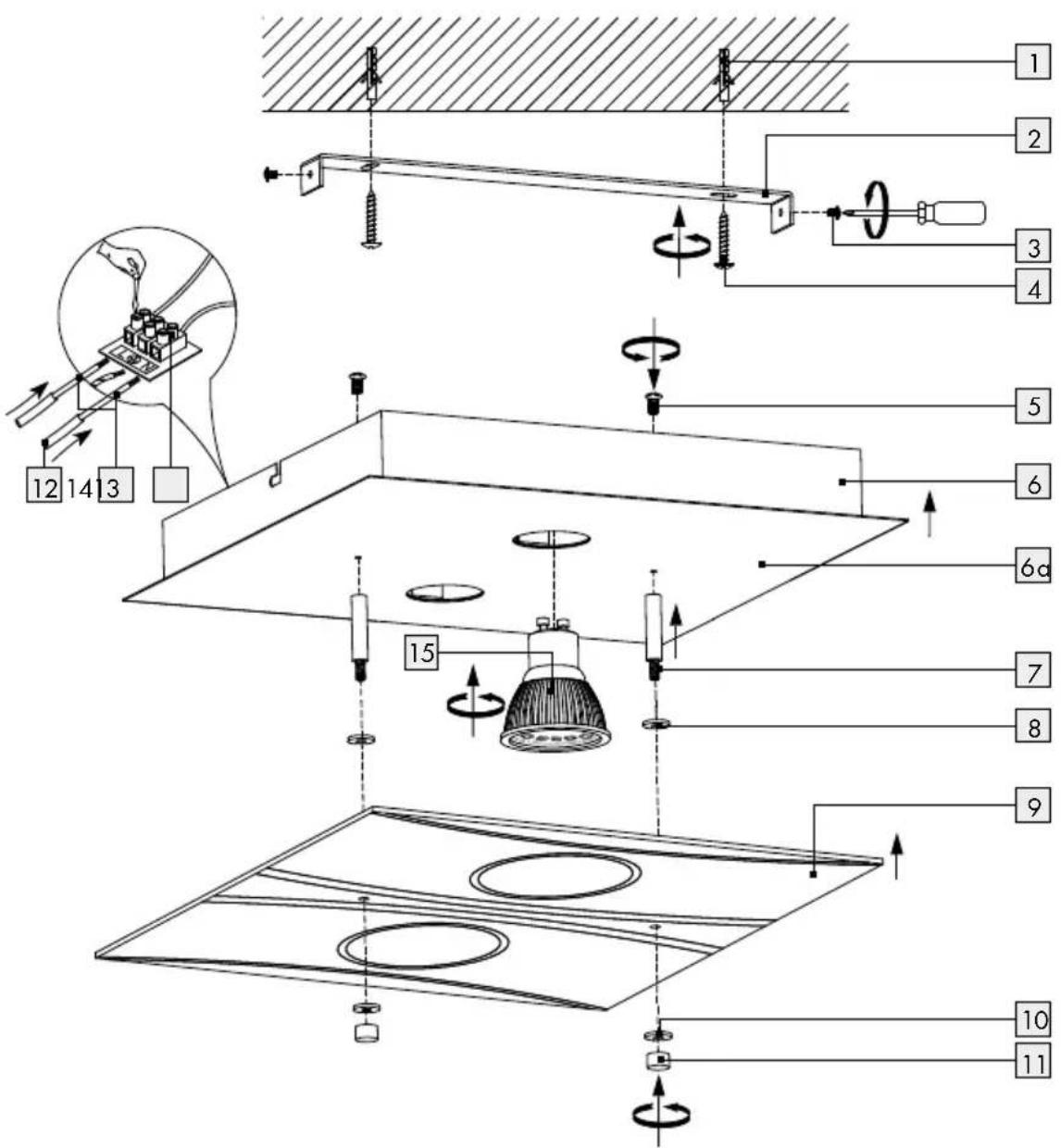 Technical diagram of a ceiling lamp installation with numbered components and wiring connections