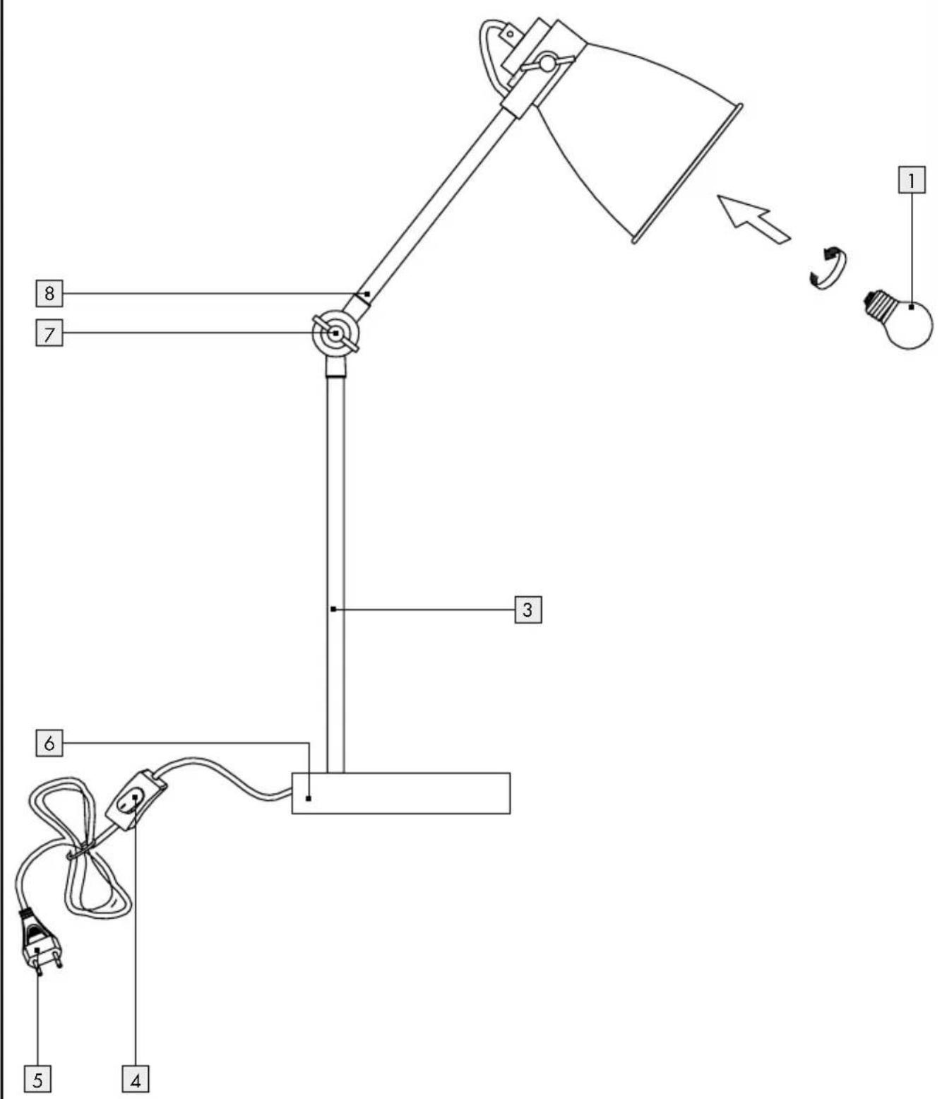 Diagram of a desk lamp with numbered parts and wiring, showing connections to a light bulb.