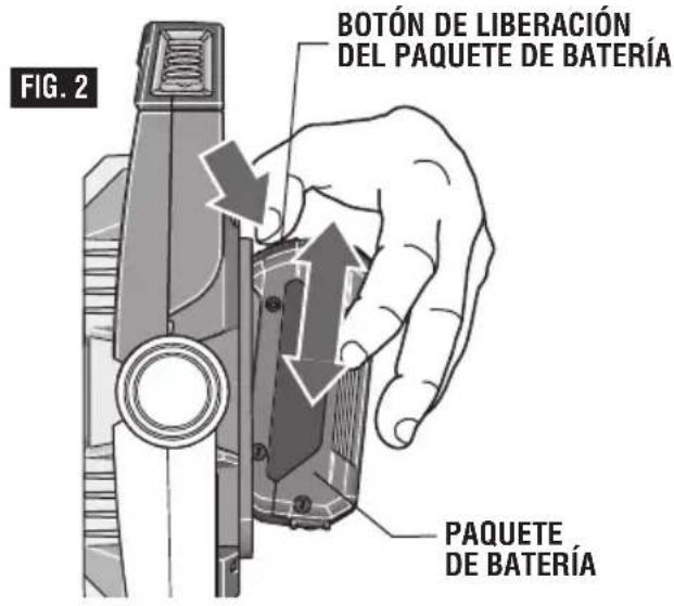 FIG. 2 BOTÓN DE LIBERACIÓN DEL PAQUETE DE BATERÍA PAQUETE DE BATERÍA