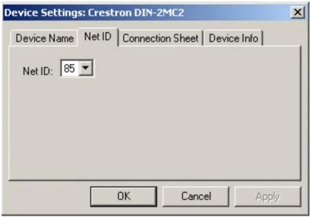 Device Settings: Crestron DIN-2MC2 Device Name Net ID Connection Sheet Device Info Net ID: 85 OK Cancel Apply