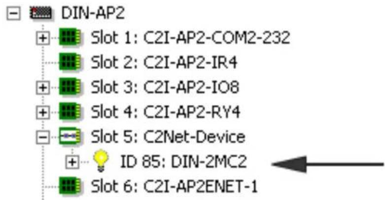 DIN-AP2 + Slot 1: C2I-AP2-COM2-232 Slot 2: C2I-AP2-IR4 + Slot 3: C2I-AP2-IO8 + Slot 4: C2I-AP2-RY4 Slot 5: C2Net-Device + ID 85: DIN-2MC2 Slot 6: C2I-AP2ENET-1