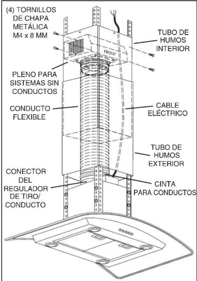 (4) TORNILLOS DE CHAPA METÁLICA M4 x 8 MM PLENO PARA SISTEMAS SIN CONDUCTOS CONDUCTO FLEXIBLE CONECTOR DEL REGULADOR DE TIRO/ CONDUCTO FRONT TUBO DE HUMOS INTERIOR CABLE ELÉCTRICO TUBO DE HUMOS EXTERIOR CINTA PARA CONDUCTOS