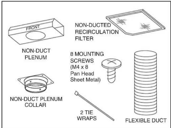 FRONT NON-DUCT PLENUM NON-DUCTED RECIRCULATION FILTER 8 MOUNTING SCREWS (M4 x 8 Pan Head Sheet Metal) NON-DUCT PLENUM COLLAR 2 TIE WRAPS FLEXIBLE DUCT