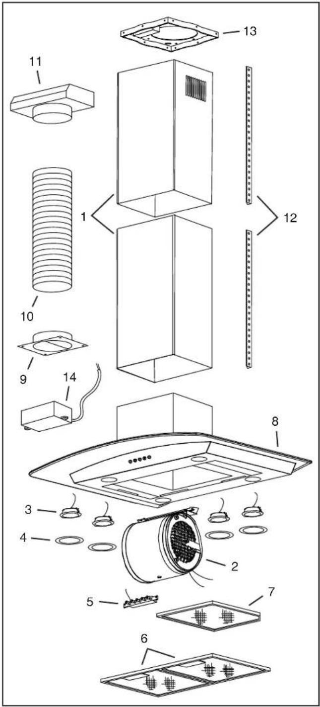 Exploded view diagram of a microwave oven with numbered components for identification