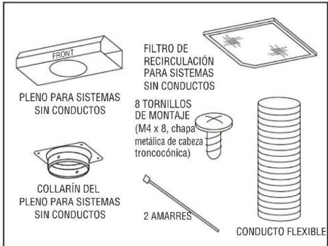 FILTRO DE RECIRCULACIÓN PARA SISTEMAS SIN CONDUCTOS 8 TORNILLOS DE MONTAJE (M4 x 8, chapa metálica de cabeza troncocónica) 2 AMARRES CONDUCTO FLEXIBLE PLENO PARA SISTEMAS SIN CONDUCTOS COLLARÍN DEL PLENO PARA SISTEMAS SIN CONDUCTOS