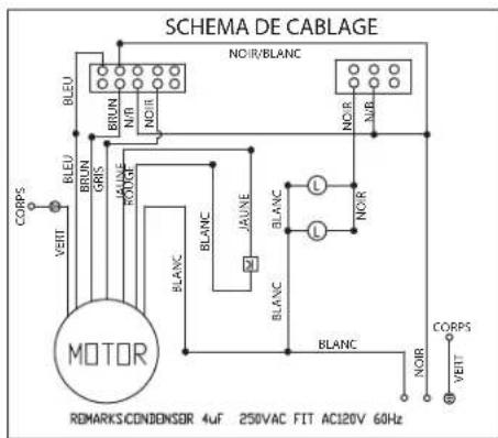 SCHEMA DE CABLAGE NOIR/BLANC BLEU BRUN GRIS VAUNE RAXN BLEU VEHT MOTOR BLANC JAUNE BLANC L L L BLANC NOIR NOR CORPS COURS REMARKS CONDENSER 4uF 250VAC FIT AC120V 60Hz NOIR VEHT