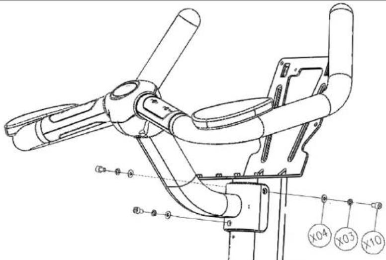 Technical diagram of a mechanical device with labeled components and connection points X04, X03, X10