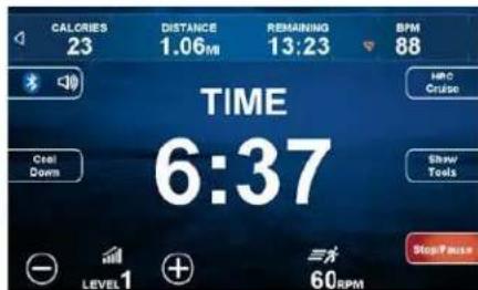 CALORIES 23 DISTANCE 1.06PMI REMAINING 13:23 BPM 88 TIME 6:37 Cool Down Show Tools LEVEL 1 + 三牛 60RPM Stop Pause