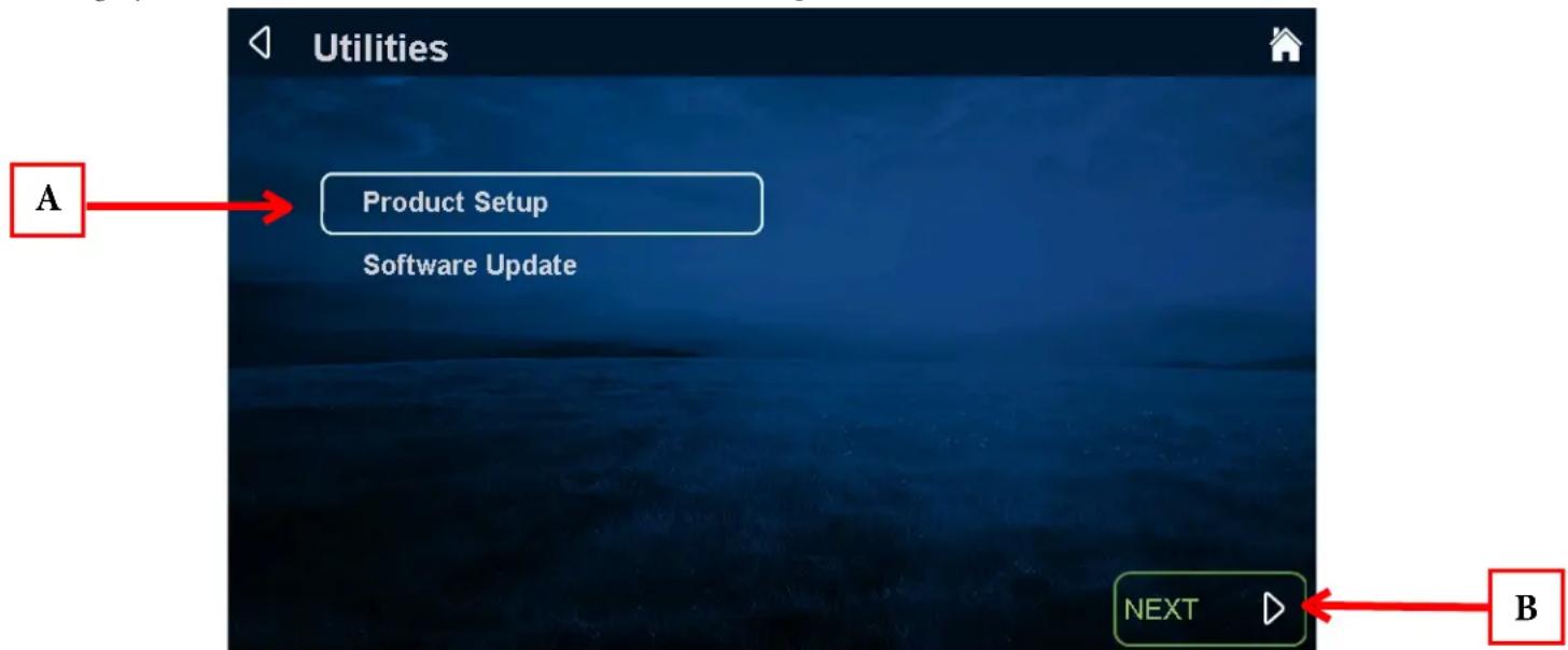 Utilities A Product Setup Software Update NEXT B