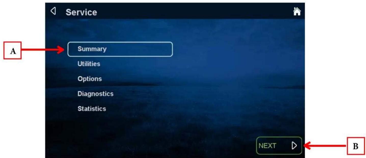Service A Summary Utilities Options Diagnostics Statistics NEXT B