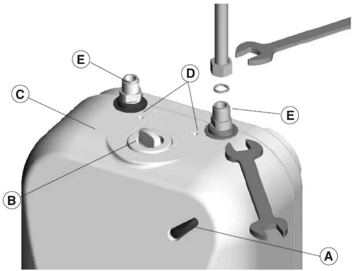 Technical diagram of a mechanical assembly with labeled parts A through E, including a wrench and screwdriver tool.