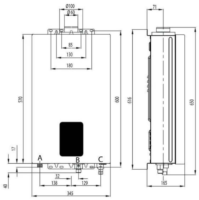 Ø100 Ø 60 85 130 180 570 600 71 616 650 17 A B C 32 138 129 40 345 165