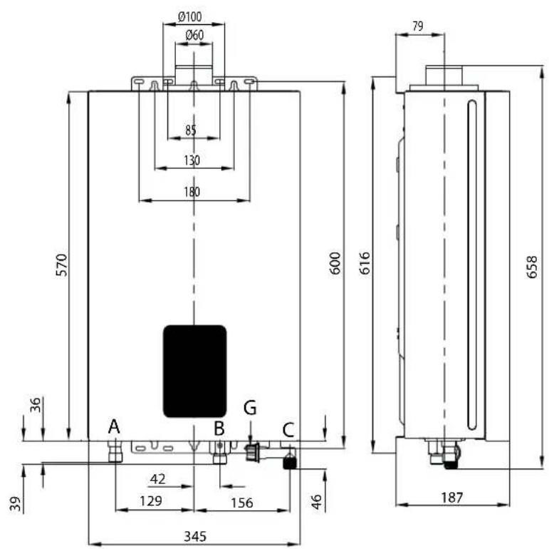 Ø100 Ø60 85 130 180 570 600 36 A B G C 42 129 156 46 39 345 616 79 658 187