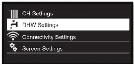 CH Settings DHW Settings Connectivity Settings Screen Settings