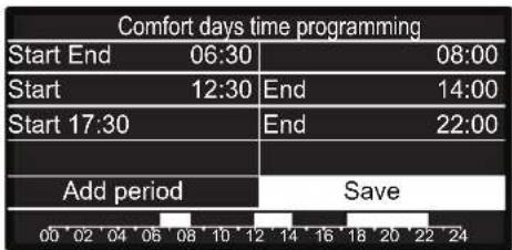 Comfort days time programming Start End 06:30 08:00 Start 12:30 End 14:00 Start 17:30 End 22:00 Add period Save 00 02 04 06 08 10 12 14 16 18 20 22 24