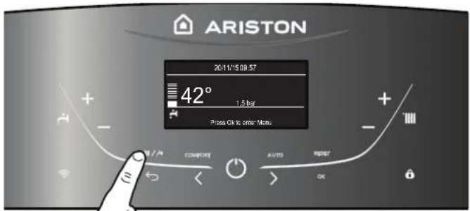 ARISTON 20/11/15 09:57 42° 1.5 bar Press Ok to enter Menu + - + - CURRENT AUTO RESET OK