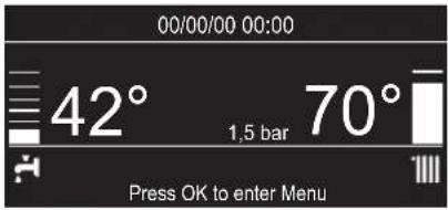 00/00/00 00:00 42° 70° 1.5 bar Press OK to enter Menu
