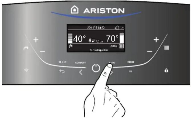 ARISTON 20:11/15 19:22 40° 70° AUTO C Heating action +/- + +/- + COMPORT AUTO OK