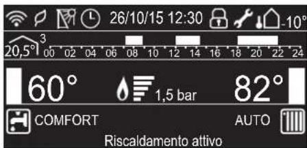20,5° 3 00 02 04 06 08 10 12 14 16 18 20 22 24 60° 1,5 bar 82° COMFORT AUTO Riscaldamento attivo