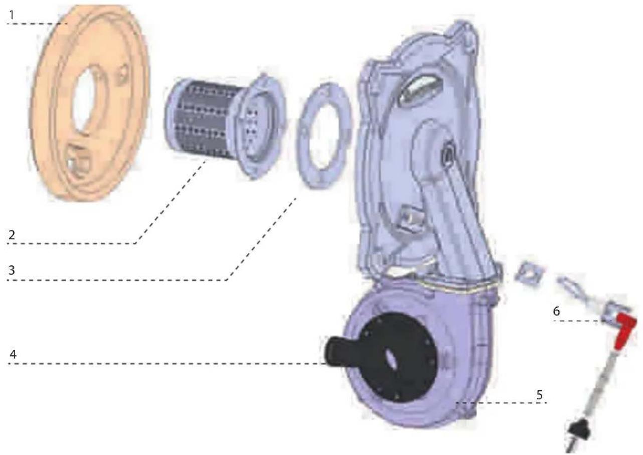 Exploded view diagram of a mechanical device with numbered parts and labeled parts