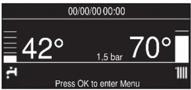 00/00/00 00:00 42° 70° 1.5 bar Press OK to enter Menu