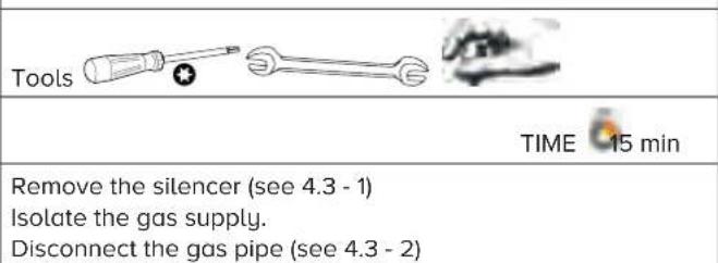 Tools TIME 15 min Remove the silencer (see 4.3 - 1) Isolate the gas supply. Disconnect the gas pipe (see 4.3 - 2)