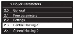 2 Boiler Parameters 2.0 General 2.1 Free parameters 2.2 Settings 2.3 Central Heating-1 2.4 Central Heating-2