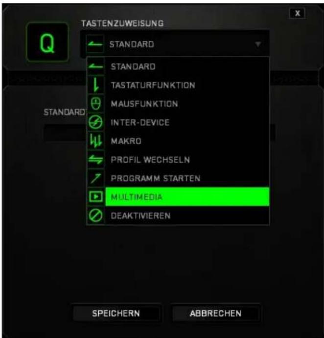 TASTENZUWEISUNG STANDARD STANDARD TASTATURFUNKTION MAUSFUNKTION INTER-DEVICE MAKRO PROFIL WECHSELN PROGRAMM STARTEN MULTIMEDIA DEAKTIVIEREN SPEICHERN ABBRECHEN
