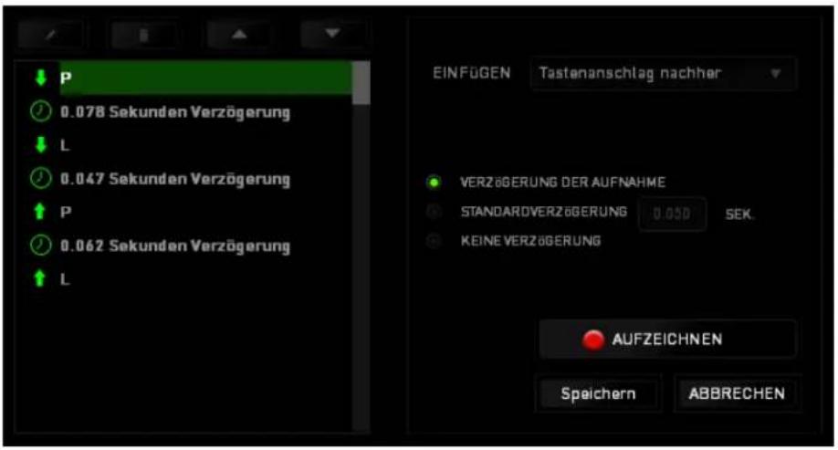P 0.078 Sekunden Verzögerung L 0.047 Sekunden Verzögerung P 0.062 Sekunden Verzögerung L EINFÜGEN Tastenanschlag nachher VERZÖGERUNG DER AUFNAHME STANDARDVERZÖGERUNG 0.030 SEK. KEINE VERZÖGERUNG AUFZEICHNEN Speichern ABBRECHEN
