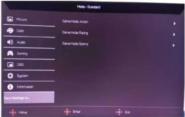 ACER Nitro XZ272P - Save Setting to...(User mode only) - 1