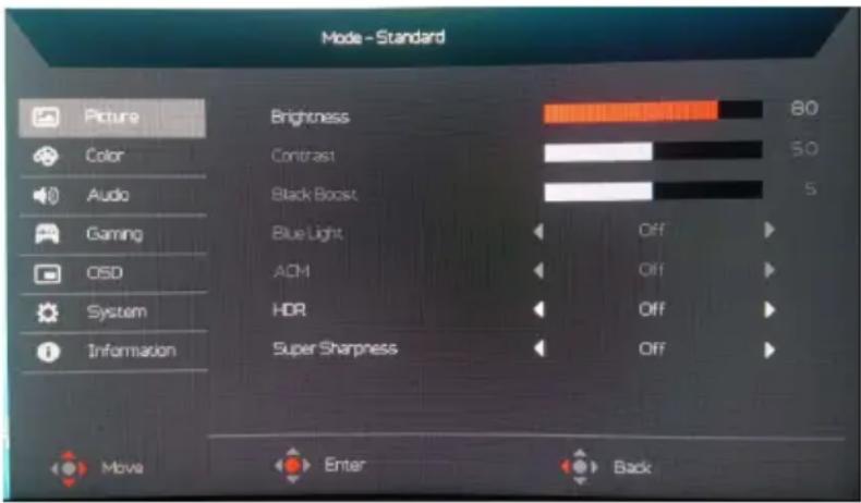 ACER Nitro XZ272P - Adjusting the Picture - 1