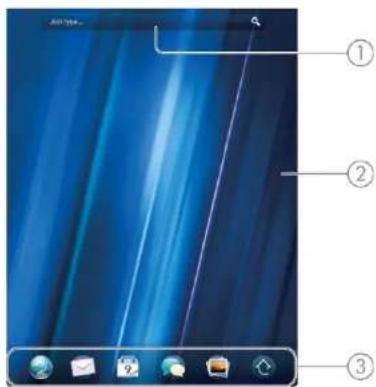 Desktop screen with labeled icons for desktop navigation, showing blue abstract background and navigation buttons