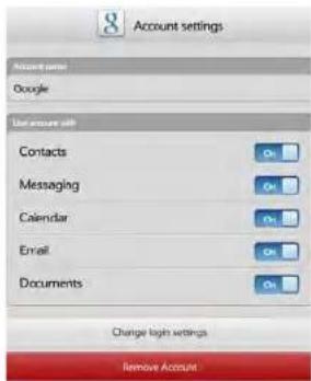 Account settings Account name: Google User account with Contacts Messaging Calendar Email Documents Change light settings Remove Account