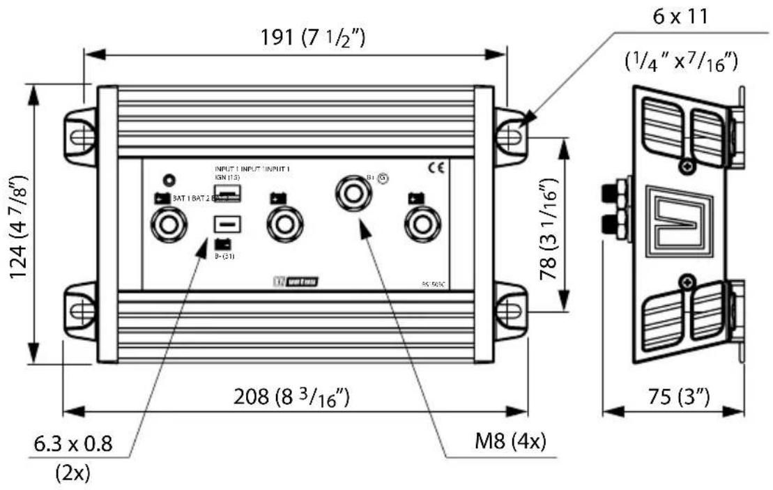 191 (7 1/2") 6 x 11 (1/4" x7/16") INPUT 1 INPUT 7 INPUT 1 ISN (13) BAT 1 BAT 2 B-(31) CE 55°50°C 78 (3 1/16") 208 (8 3/16") 6.3 x 0.8 (2x) M8 (4x) 75 (3")
