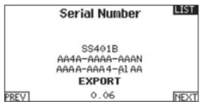 SPEKTRUM DX20 - To export the transmitter serial number: - 1