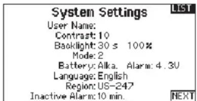 SPEKTRUM DX20 - SYSTEM SETTINGS - 1